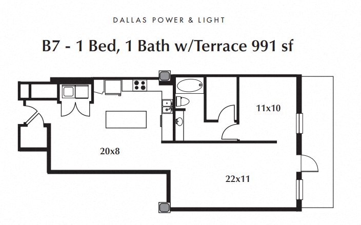 Floor plan for 1 bed, 1 bath, 991 sqft